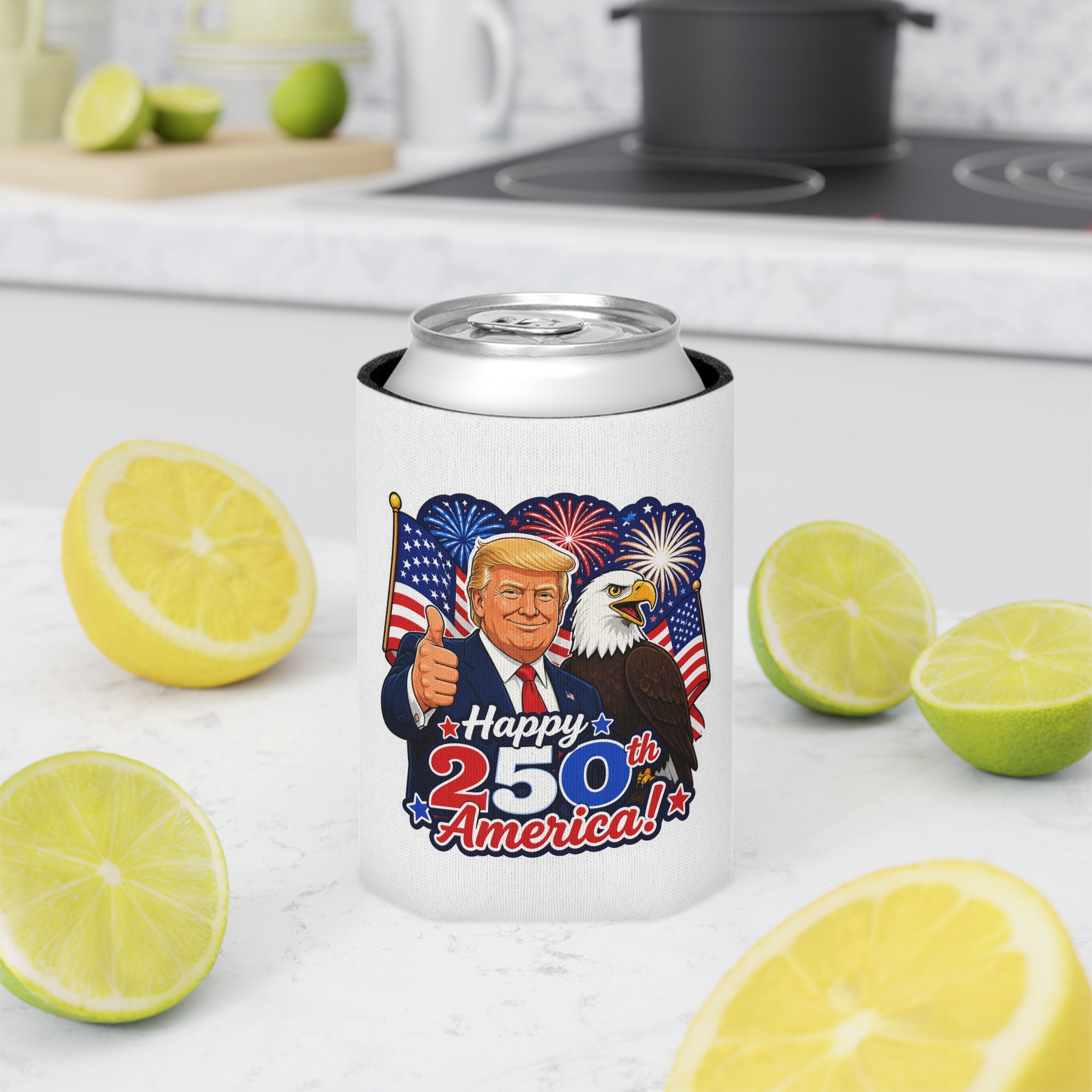"Happy 250th America!" Patriotic Trump Can Cooler Koozie (Fourth of July)